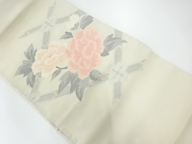 アンティーク　格天井に牡丹模様刺繍袋帯（材料）